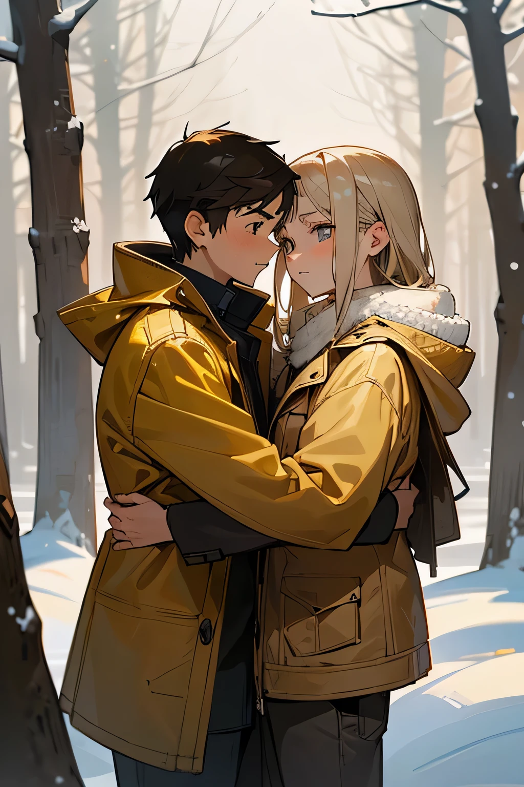 (winter, woods, зимний woods, Winter landscape) Handsome brunette 13 years old. (good face rendering), hugging a beautiful 13 year old blonde with gray eyes (good face rendering), wearing a dark yellow jacket.