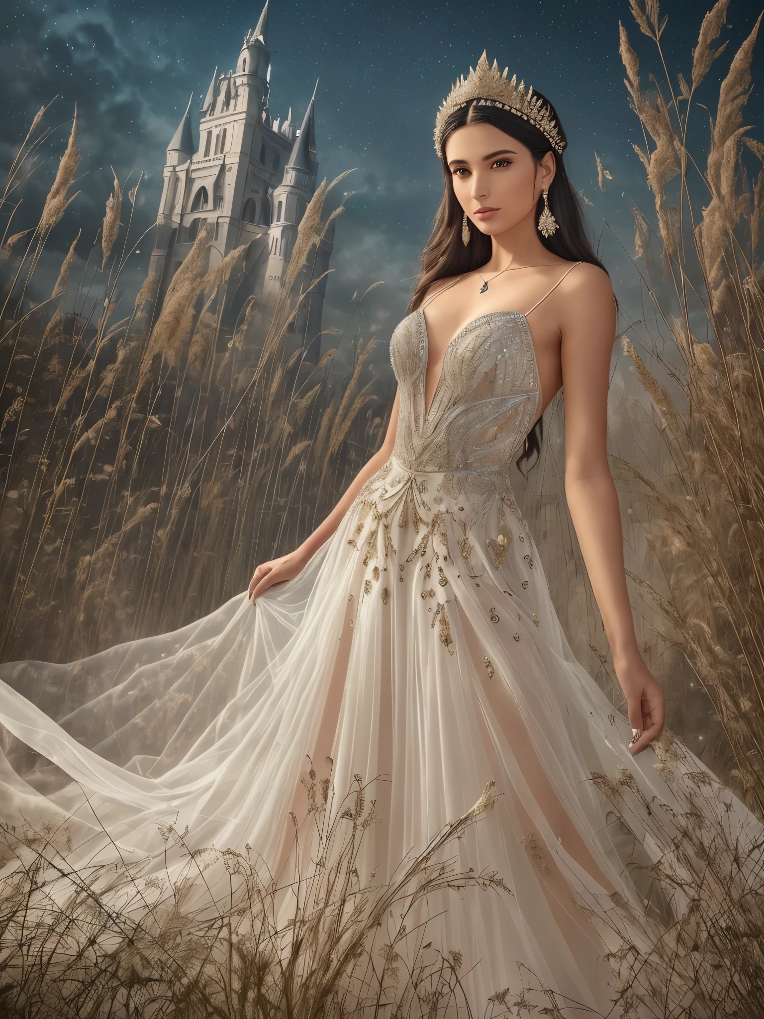 (portrait of a woman in stylish dress:1.3), wearing a sari, wearing a long flowy fabric, long flowing intricate dress, persian queen, elegant gown, met gala, dressed with jewelleries, super model, wearing a dress made of beads, bubbles, flowing gown, (((goddess of the underworld))), ((shining and sparkling party gown)), exotic gown, cinematic dress, ((((symmetrical image with straight body looking at viewer))), (((castle with flower garden and grasses in background))), (((dark night with glowing atmosphere))) --auto --s2