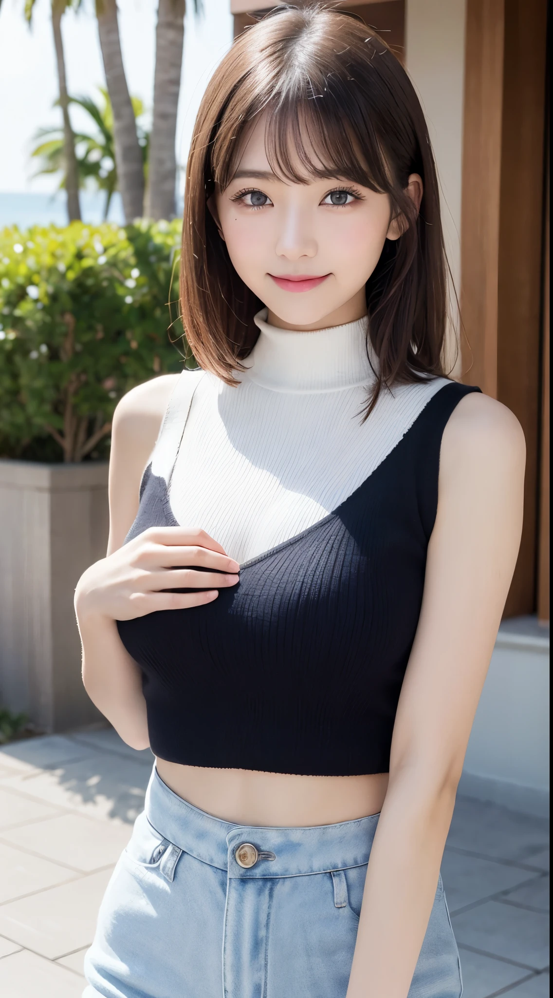 Fragments flying、best quality、one example、very good、How are you、high resolution、8k wallpaper、Perfect dynamic composition、(((whole body)))、((From below))、Wide-angle lens、20 years old cute girl、Detailed beautiful face、Delicate and lovely eyes、Delicate skin、My cheeks were red、Shy、(short hair:1.3)、(Brown Wavy Hair)、Small Breasts、Bold and sexy pose、Smile、(sleeveless、Navel exposed、Fitted Turtleneck Sweater)、Hot Pants Lace Street、Small Breasts、Camel toe、Small butt、Thin buttocks、Please generate on the eaves.、Thin shoulders、White、