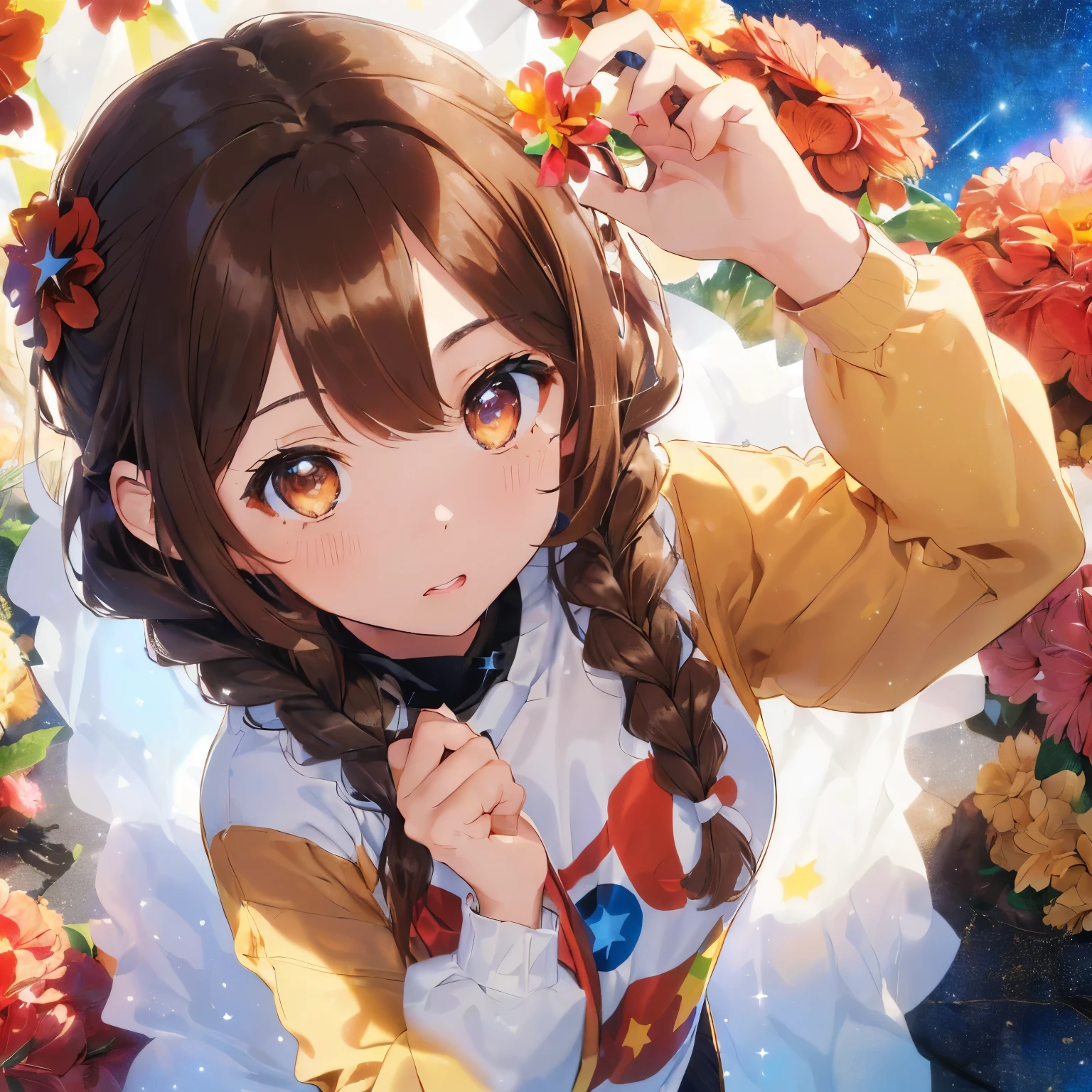 fluffy hair,((brown haired)),((twin hair braid short hair)),((Brown eyes)),((Hooray pose with both hands raised)),(Festive mood),(Congratulations),(Clear skies and bright sunlight),((colorful lights are shining)),Slight red tide,Confetti is flying happily),(jumpy),((There are many colorful flowers around)),(appearance々multiple people with different expressions々々),((Perspective from above)),(Long-sleeved clothing:1.3),(Your eyes are shining like stars:1.25),(close up of face:1.3),