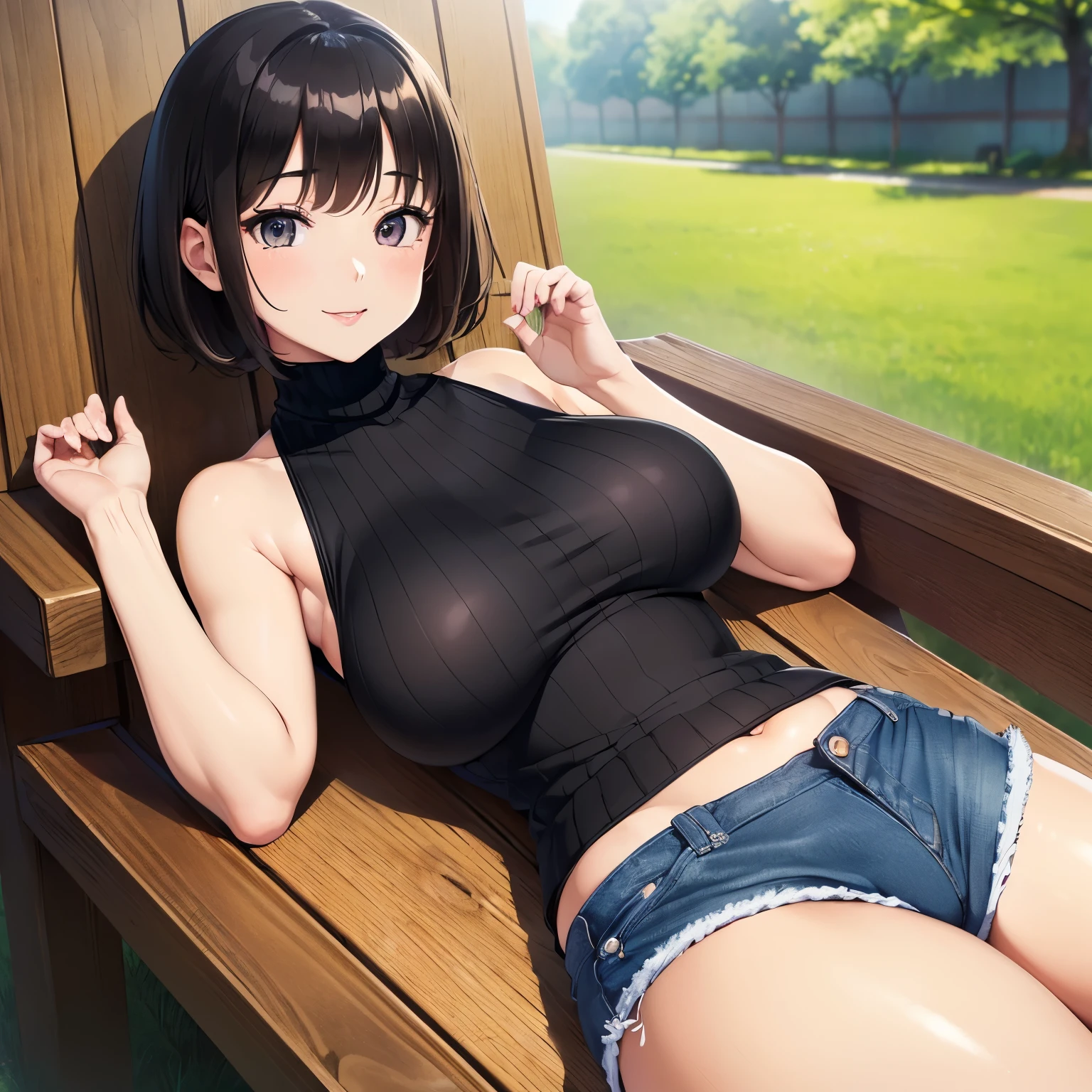 masutepiece、Best Quality、Illustration、 ultra-detailliert、hight resolution、8K Wallpapers、Perfect dynamic composition,、Beautiful detailed eyes、Medium Hair、(Beautiful Large Breasts:1.3)、Natural Color Lip、Bold sexy poses、Smile、Harajuku、20 years girl、Cute、Sexy shot looking at camera、(top-quality: 1.3), (masterpiece: 1.3), (Super Detail: 1.3), (wall-paper, one girls: 1.1)、(Detailed hands and fingers:1.2)、(Detailed ultra-oily shiny skin:1.1)、oily shiny thighhigh、(Perfect beautiful black sleeveless high neck knit top:1.4)、Denim shorts、Brown hair、short-hair、bouncing hair、Beautiful sister、(a park:1.2)、(Beautiful Large Breasts:1.2) 、((lie on back)),Raising arms