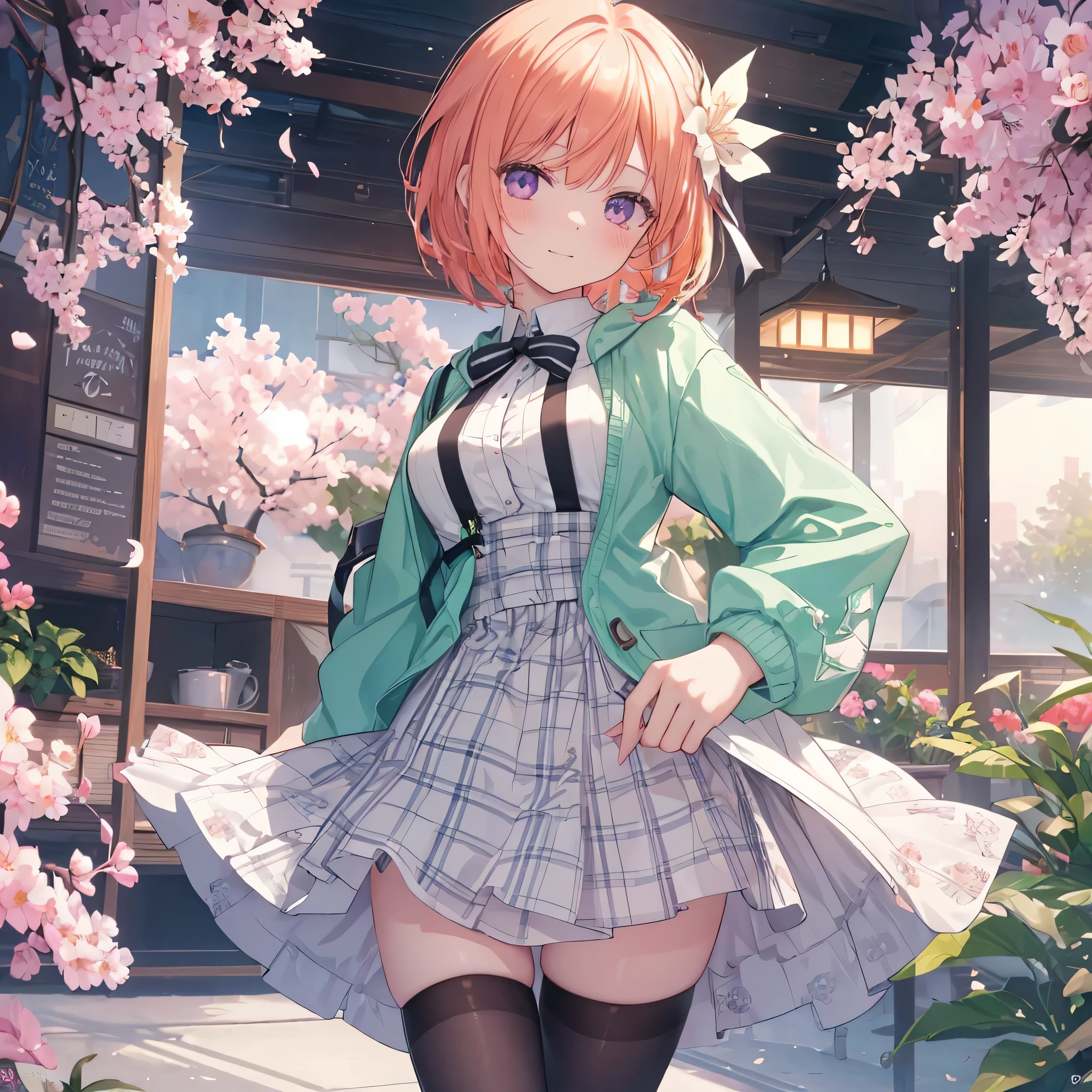 Hide hands, {{{One girl}}}, Beautiful detailed girl, GameCG, spring blossoms, One curl outside, Short bob hair, pastel orange hair, Purple eyes,stylish accessories solo, bustup, medium shoot, femele, takeout, A smile, Colossal tits,,pastel green plaid mini skirt,Black Knee High, {{{{{wearing a pastel green hoodie}}}}},Opening Mouth, Daytime Classroom, amazing, Beautiful detailed eyes, Best Quality, Super delicate,masuter piece,Best Quality,(Official art、Best Quality、Unity 8k Wallpapers、32K、​masterpiece、ultra-detailliert、超A high resolution、realisitic、Photorealsitic:1.2)、(Cinematic lighting:1.2)、Fireglow effect、The grainiest shadow of the film、side lights、sideshot、(ultra-detailliertで複雑な3Dレンダリング)、Atelier Series,