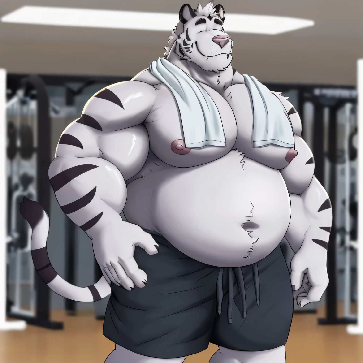 axel cosmas , solo, towel on shoulder,black shorts plump, huge, gym background, nipples, big fat belly, big ass, eyes shut, standing, 5 fingers, musclegut body, lineart, normal eyes, wet body, macro body, massive body, huge pecs, very wide