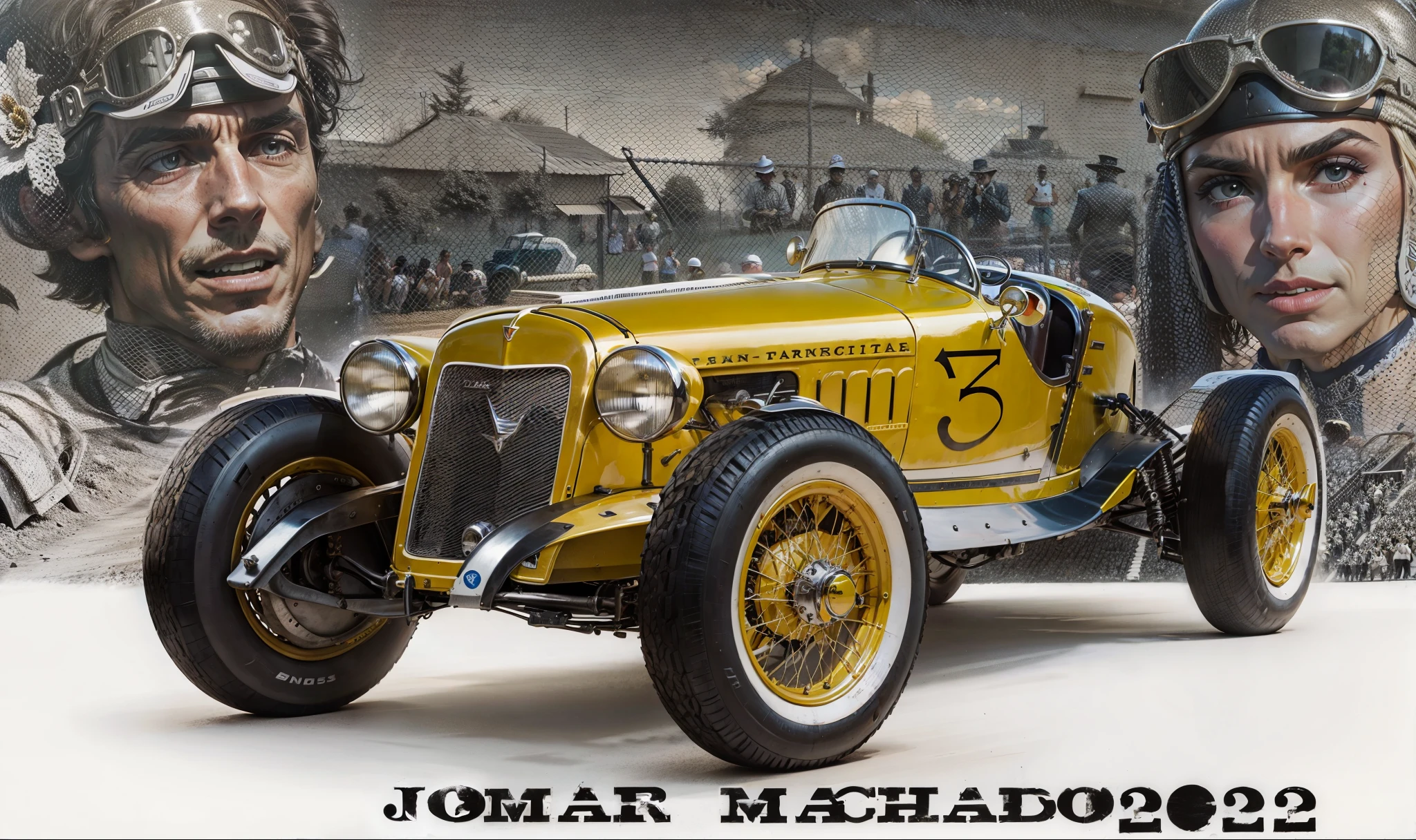 Um possante carro de corridas vintage, behind several famous racing drivers with their racing costumes in the background a part of the race track and vintage cars competing in a race