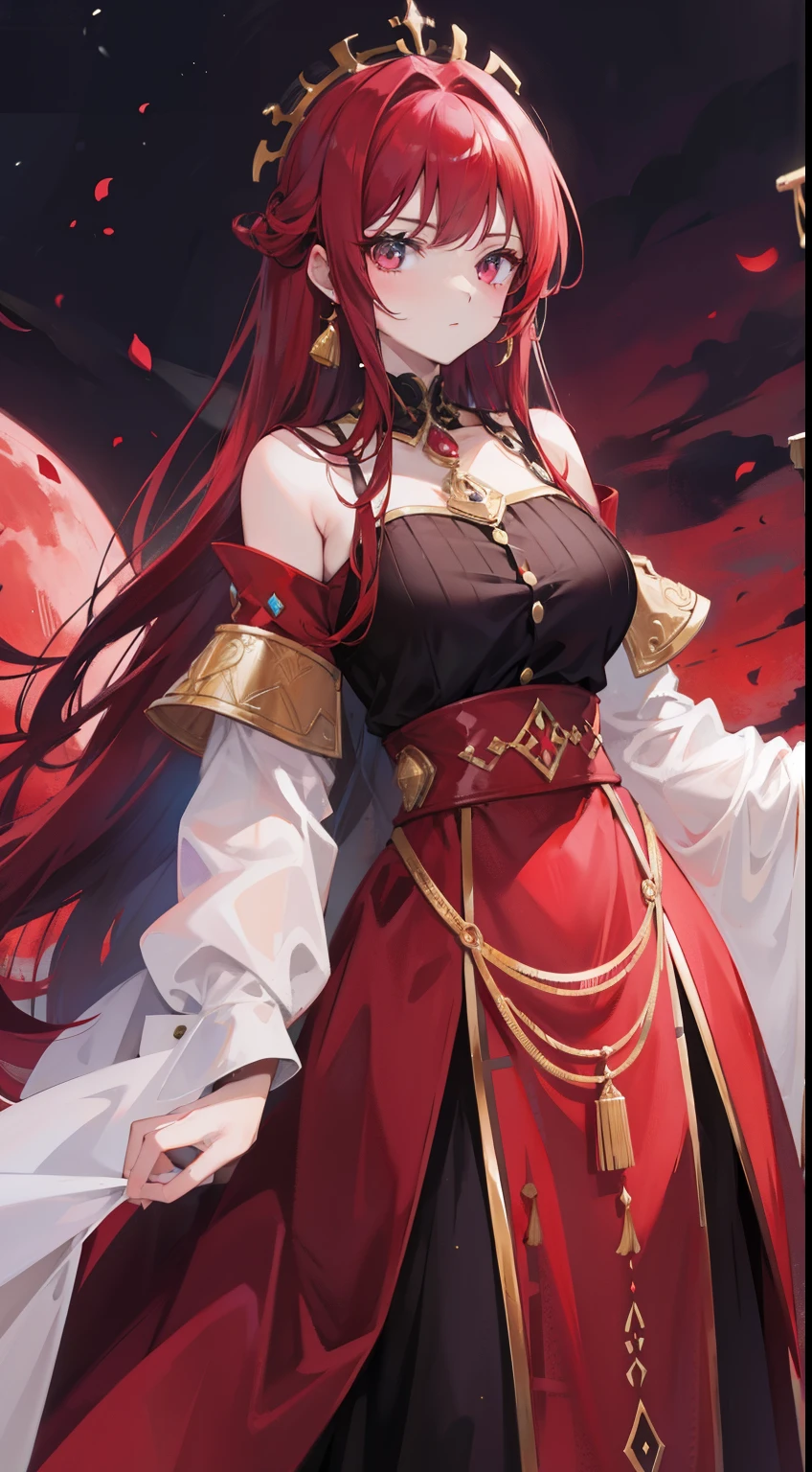 Red moon background,Relatively pale black-red hair and clothelack and reddish purple clothes,and gold jewelry,She is a very proud queen sister