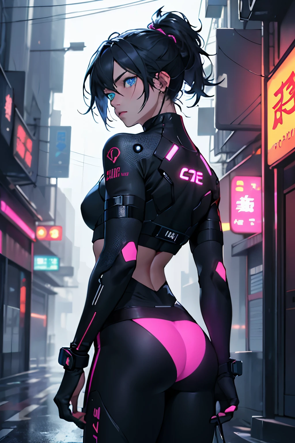 (best quality, masterpiece:1.2), a futuristic female warrior , (finely detailed skin), (in a deep neckline highly detailed sexy futuristic cyberpunk black crop top and underpants made of circuit boards, beautiful epic composition, futuristic, appealing, posing for a photo, vivid colours, dynamic lighting, dramatic shadows