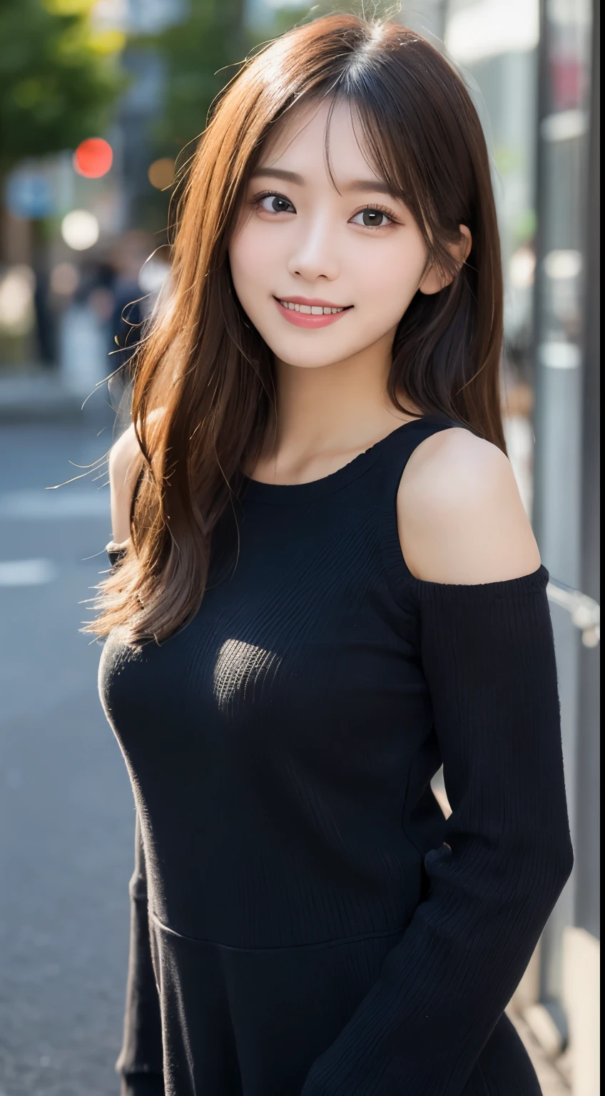 masutepiece, Best Quality, Illustration, Ultra-detailed, finely detail, hight resolution, 8K Wallpaper, Perfect dynamic composition, Beautiful detailed eyes, black long sleeve knit dress,Straight hair,Small breasts natural color lip, Randomly sexy poses,Smile,Harajuku、20 years girl、Cute、Sexy shot looking at camera,Perfect and beautiful face,Blur the background