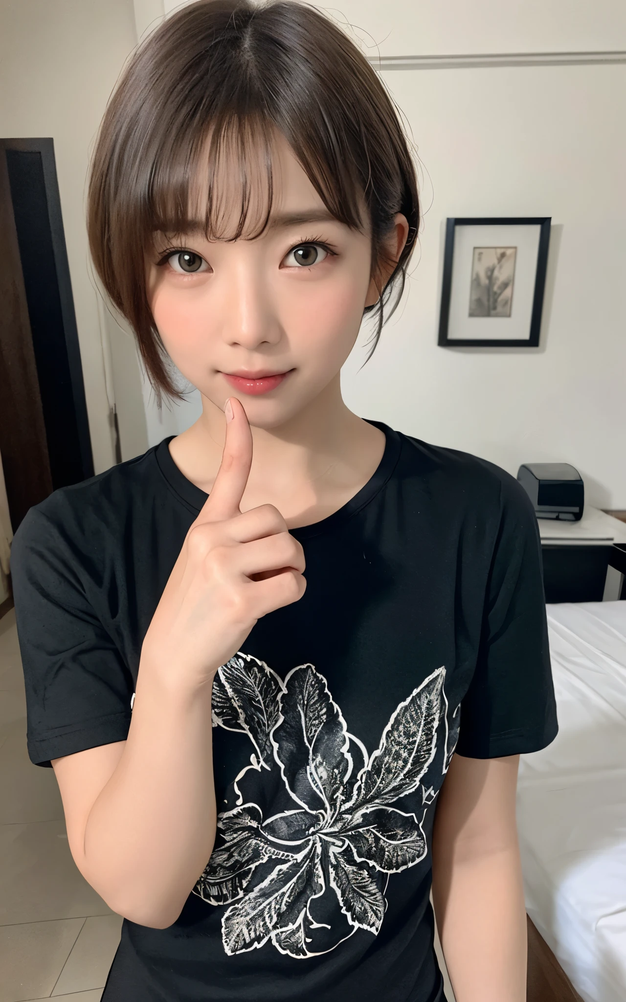 masutepiece, Best Quality, Illustration, Ultra-detailed, finely detail, high resolution, 8K Wallpaper, Perfect dynamic composition, a bit chubby:0.3, 1 beautiful girl, pointing at the viewer, ((close up:1.3, looking at viewer)), Beautiful detailed eyes, (wearing black t-shirts, short bob-hair, color base on white black),