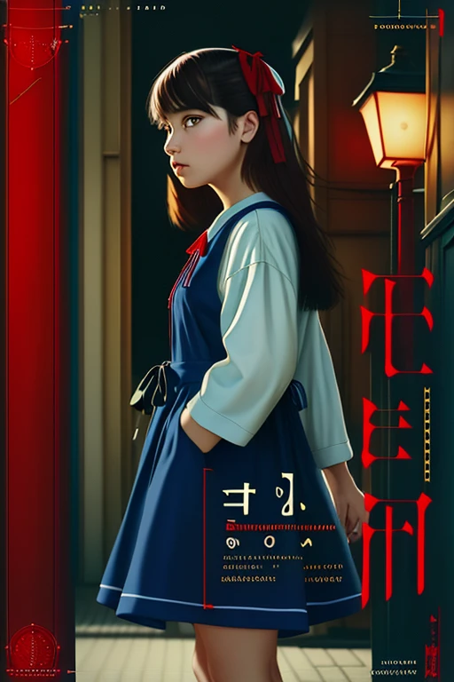 Masterpiece, Best Quality, hiquality, absurdress, bold color, Poster cover, complex film grain detail, legible detailed large text, chromatic aberration, dramatic  lighting, Streets of Japan, 1girl,  Ёру, red eyes, pinafore dress, Shirt, neck ribbon, long sleeves,a closeup of a, Cinematic, very dramatic background, background with paint stripes, ((I&#39;m running beyond the horizon:1.2)), Perfect composition, the golden ratio,