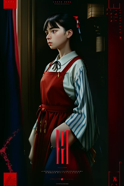 Masterpiece, Best Quality, hiquality, absurdress, bold color, Poster cover, complex film grain detail, legible detailed large text, chromatic aberration, dramatic  lighting, Streets of Japan, 1girl,  Ёру, red eyes, pinafore dress, Shirt, neck ribbon, long sleeves,a closeup of a, Cinematic, very dramatic background, background with paint stripes, ((I&#39;m running beyond the horizon:1.2)), Perfect composition, the golden ratio,