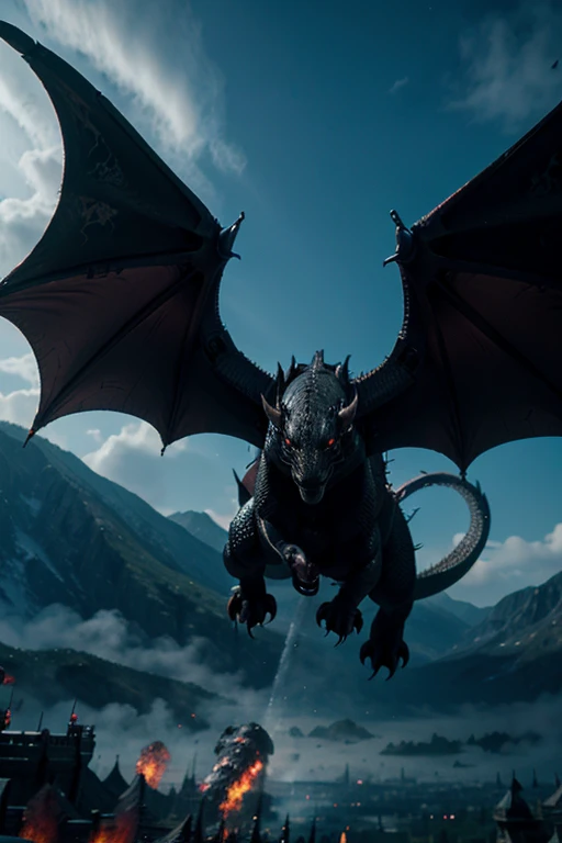dragon with black scales in fury attacking a kingdom