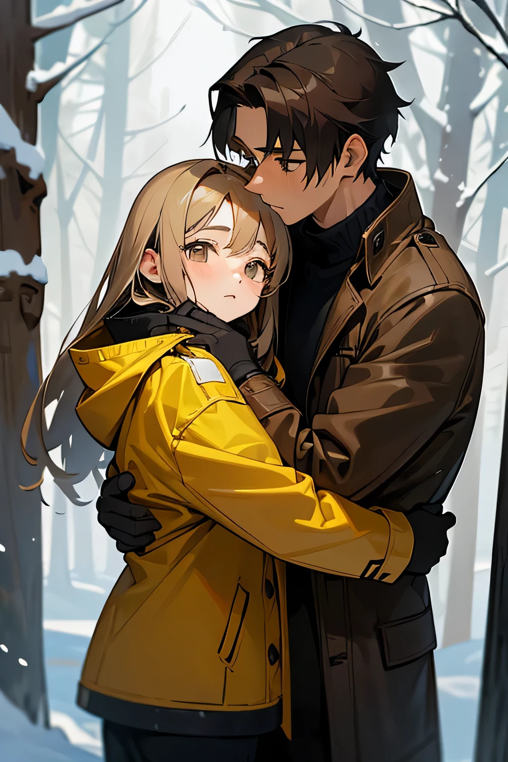 Winter Forest, snowfall, Winter landscape. A handsome brown-eyed brunette, , hugs a beautiful gray-eyed blonde, 13 years old a dark yellow jacket,