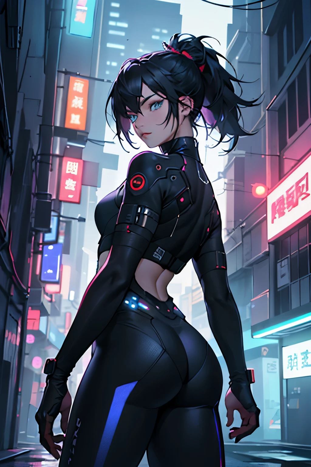 1girl, Alone, girl, futuristic outfit, Neon Samurai, Cyberpunk neon,  the night,  {{(tmasterpiece),(extremely detailed CG unified 8k wallpaperest quality at best,Alone,电影灯光,detailedbackground, A detailed eye, pretty eyes, photorealistic eye,  posterior view