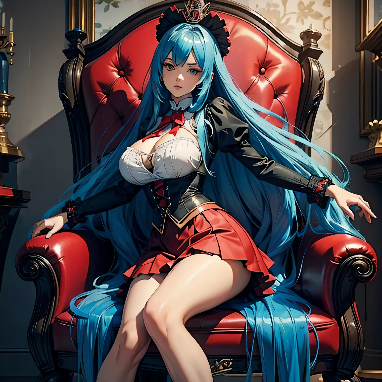 hyper detail, women, huge breast, cleavage, blue hair, very long hair, holding hair, spreading hands, setting on Victorian chair, red, chair short skirt, black tight skirt, looking at me, culm look