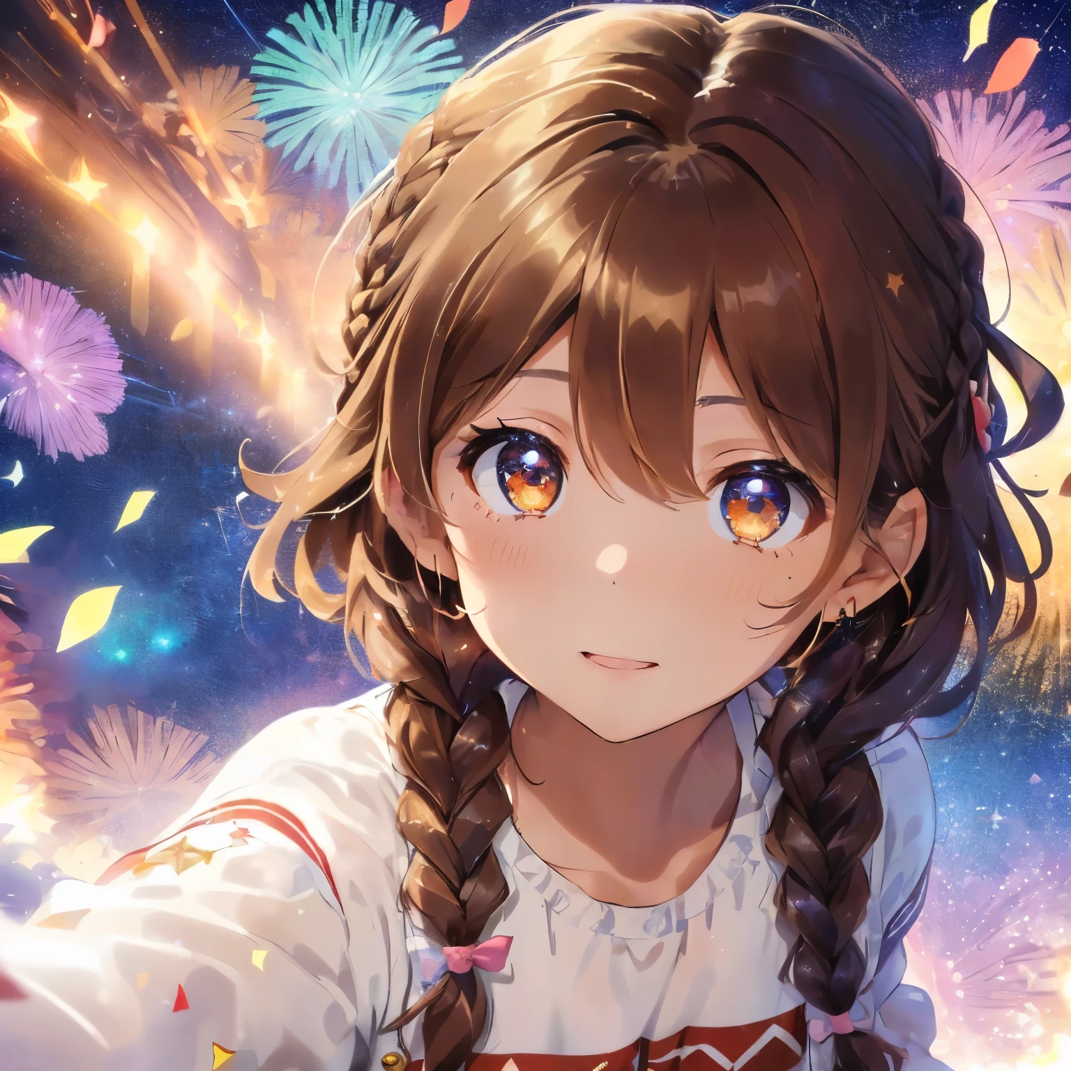 fluffy hair,((brown haired)),((twin hair braid short hair)),((Brown eyes)),(Congratulations),(Clear skies and bright sunlight),((colorful lights are shining)),Slight red tide,Confetti is flying happily),(jumpy),((There are many colorful flowers around)),(appearance々multiple people with different expressions々々),((Perspective from above)),(Long-sleeved clothing:1.3),(Your eyes are shining like stars:1.25),(close up of face:1.3),
