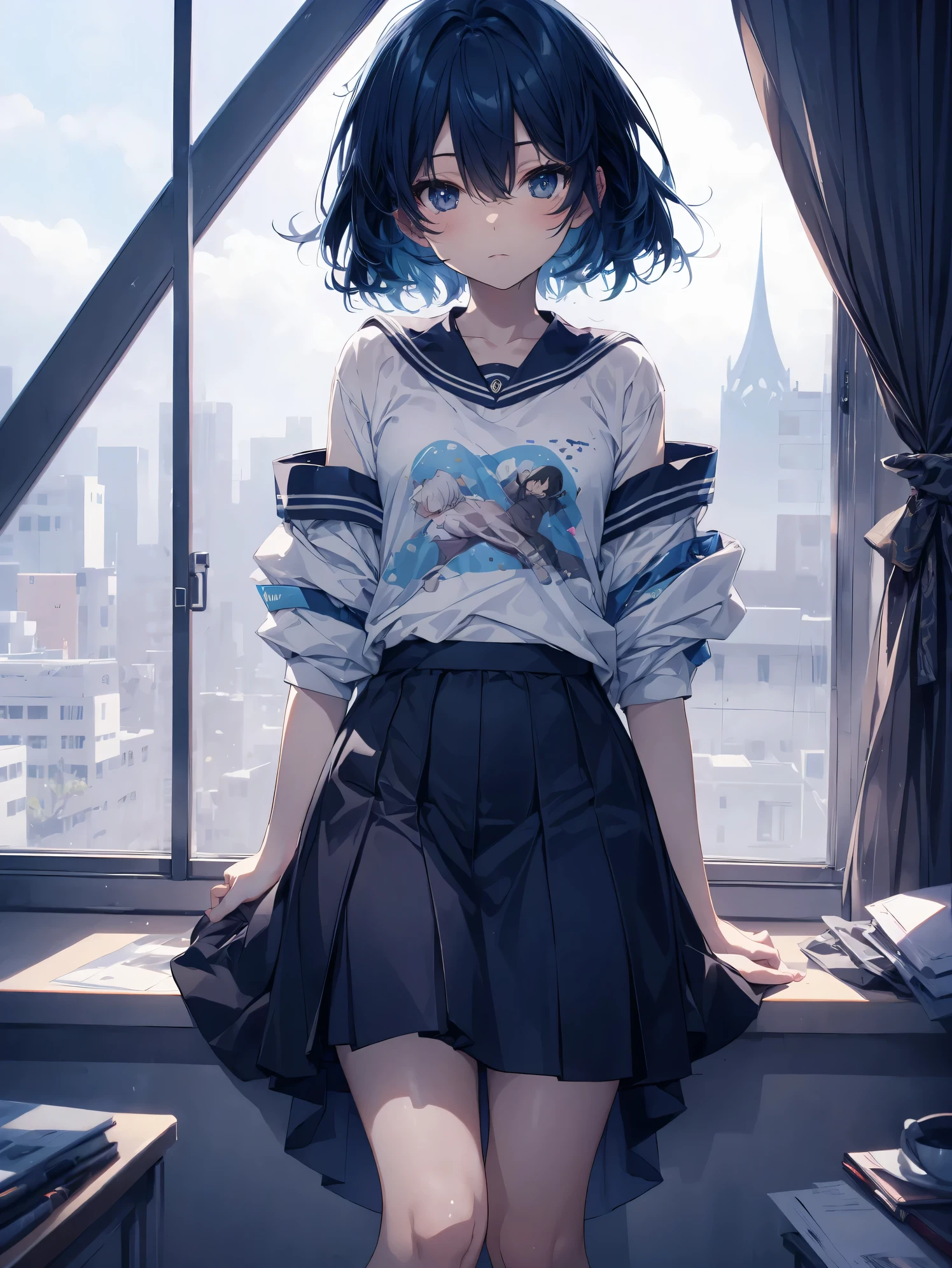 Super high quality by the art god, Ultra-detailed, High resolution, Gwise Style, anime moe art style, best anime 8K konachan wallpaper, Pixiv Contest Winner, Perfect Anatomy,BREAK,(Please draw a picture of a girl sitting sleepily on the bed. ),BREAK, a hyperrealistic schoolgirl, (Solo,Lori,child,13years:1.3),Full limbs, complete fingers,a junior high school student, Androgynous attraction, (Very short hair), hair messy, flat chest, Small butt, groin, Small eyes,Beautiful detailed black eyes, Well-proportioned iris and pupils, High resolution detailed hair, blush, Tank top, Short shorts, sitting on a bed, From above,BREAK,Ultra-detailed細なスキン,Shiny skin, Best lighting by famous artists, 8K, Cute illustration.