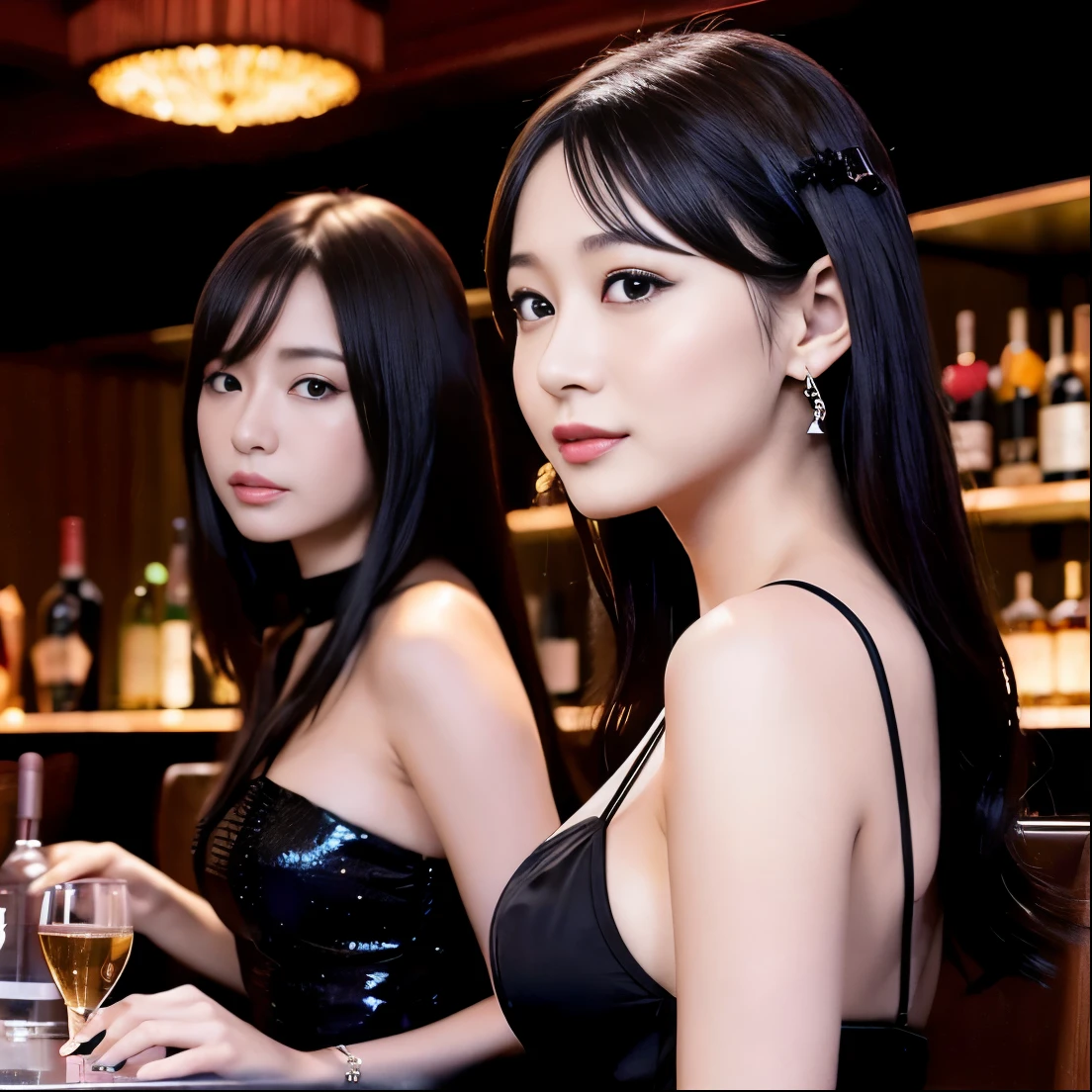 43 female employees sitting in a cabaret club with bottles of alcohol behind them, beautiful alluring female,doress,Erika Sawajiri and Haruka Ayase,Asian Women, Facing straight ahead, Japanese, Ayumi Hamasaki and Noriko Sakai, looking partly to the left, with black, candid shot, exclusive, hostess woman, Beautiful women