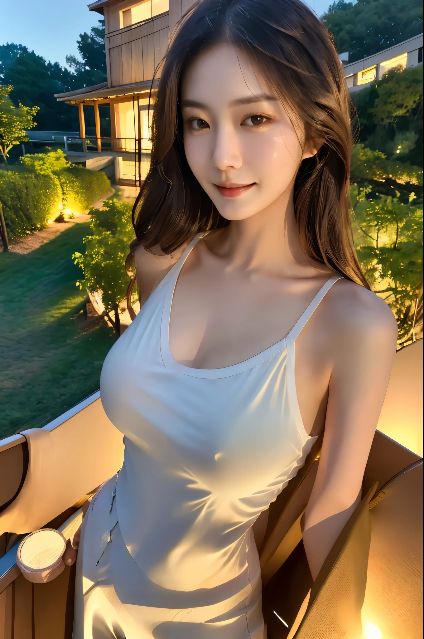 Model: Jane an asian young beautiful lady
Body: Medium breast, petite
Action: smiling in a vineyard
Dressing: casual attire
Time of Day: night
Theme: Realistic
Lighting: Natural light
Camera: Film camera 50mm portrait
Quality: 8k, Hyper Realistic Sony Alpha 50mm