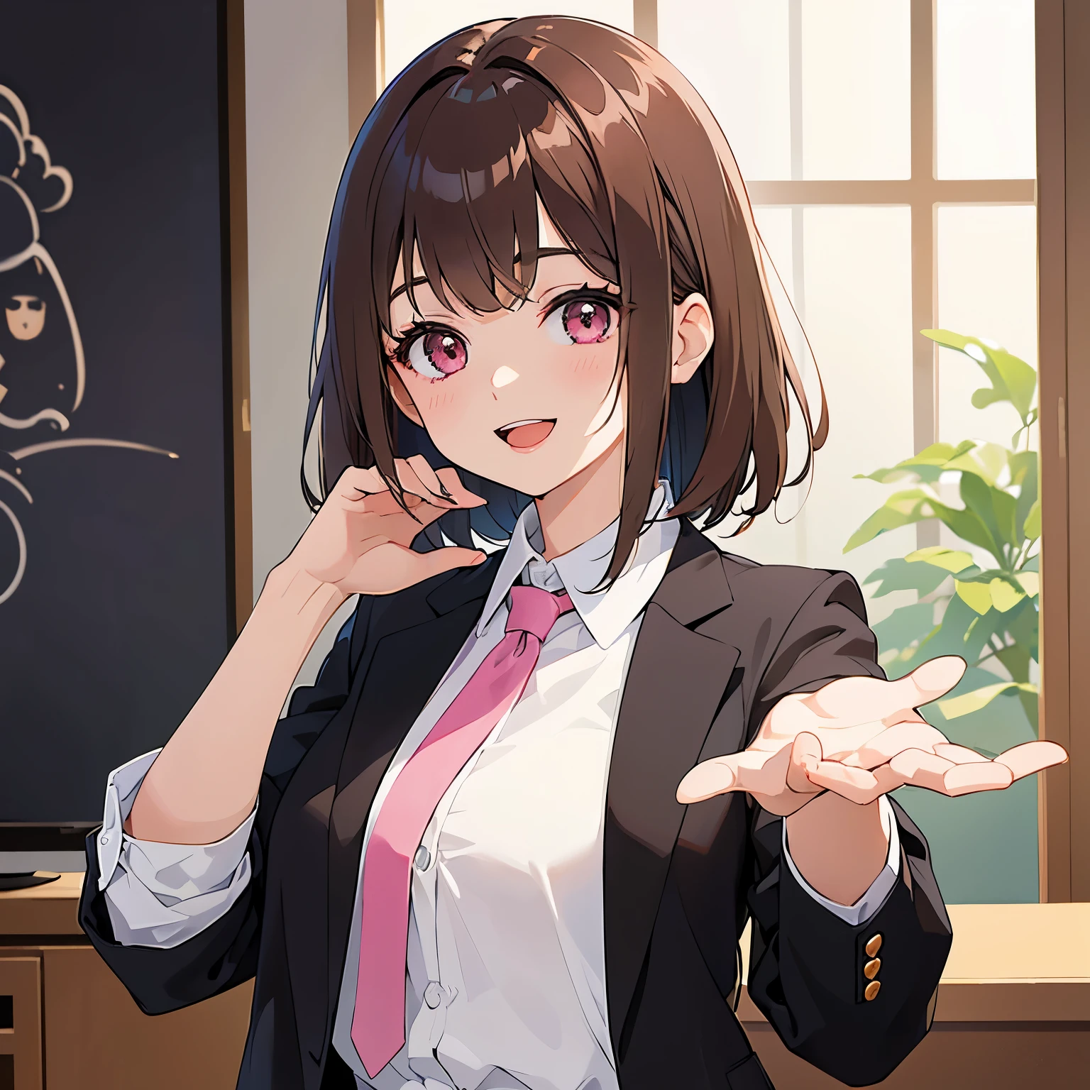 Raising hand, masterpiece、top-quality、 A 25-year-old woman with medium hair and pink eyes with brown bangs.、Wearing a beige suit、white shirt、(smile:1.3)、open mouth, Close-up of your face、is standing、The background is the living room、Bold composition、Upper body is shown、Alone、