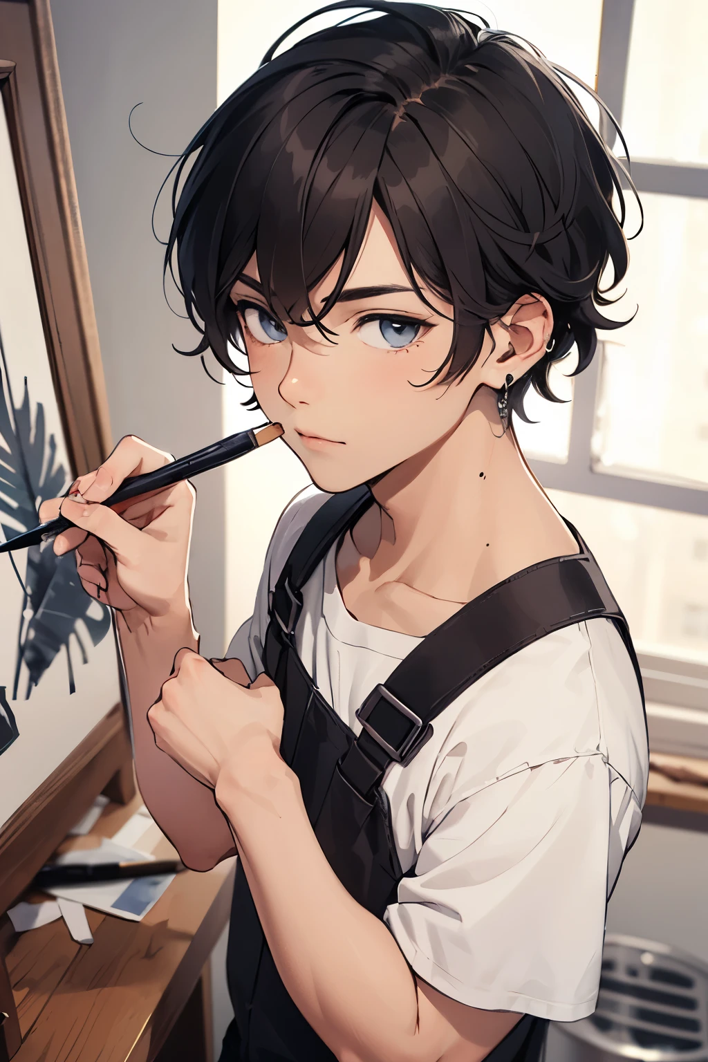 A cute artist boy with brush in his ear