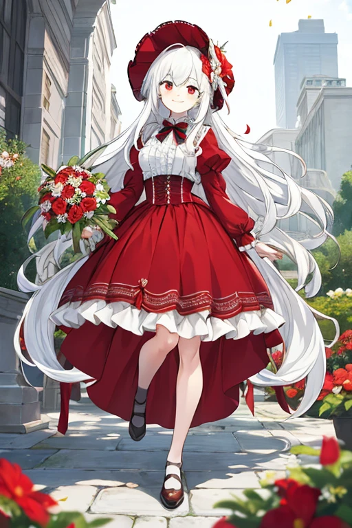 masterpiece, best quality, 1girl, solo, long_hair, looking_at_viewer, white hair, red eyes, smile, bangs, skirt, shirt, long_sleeves, hat, dress, bow, holding, closed_mouth, flower, frills, hair_flower, petals, bouquet, holding_flower, center_frills, bonnet, holding_bouquet, tachi-e, full body, white background,