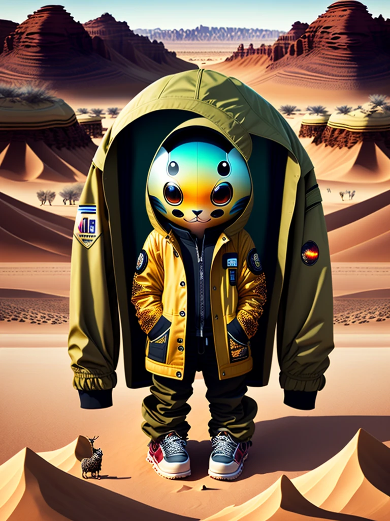 create an product for clothes, jacket for alien, contains multiple animals on it, and background of the desert, the creation contain the hands and foots and face with this jacket