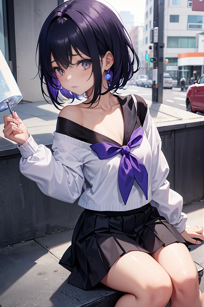 best quality, ultra precision, 1girl, cute, little girl, young, boyish, childish, Medium breasts, black hair, messy hair, blue short hair, purple eyes, beautiful eyes, girl, ???????, sailor collar, ??????, metestrus, start to undress, naughty mood, she loves you, lost virgin, virgin, blush, sexy, beautiful skin, big bow on chest, BLUE SWEATER, WHITE SHIRT, SHIRT UNDER SWEATER, OFF SHOULDER TOP) TSUNDERE 15 YEARS old, Short black skirt, purple earring