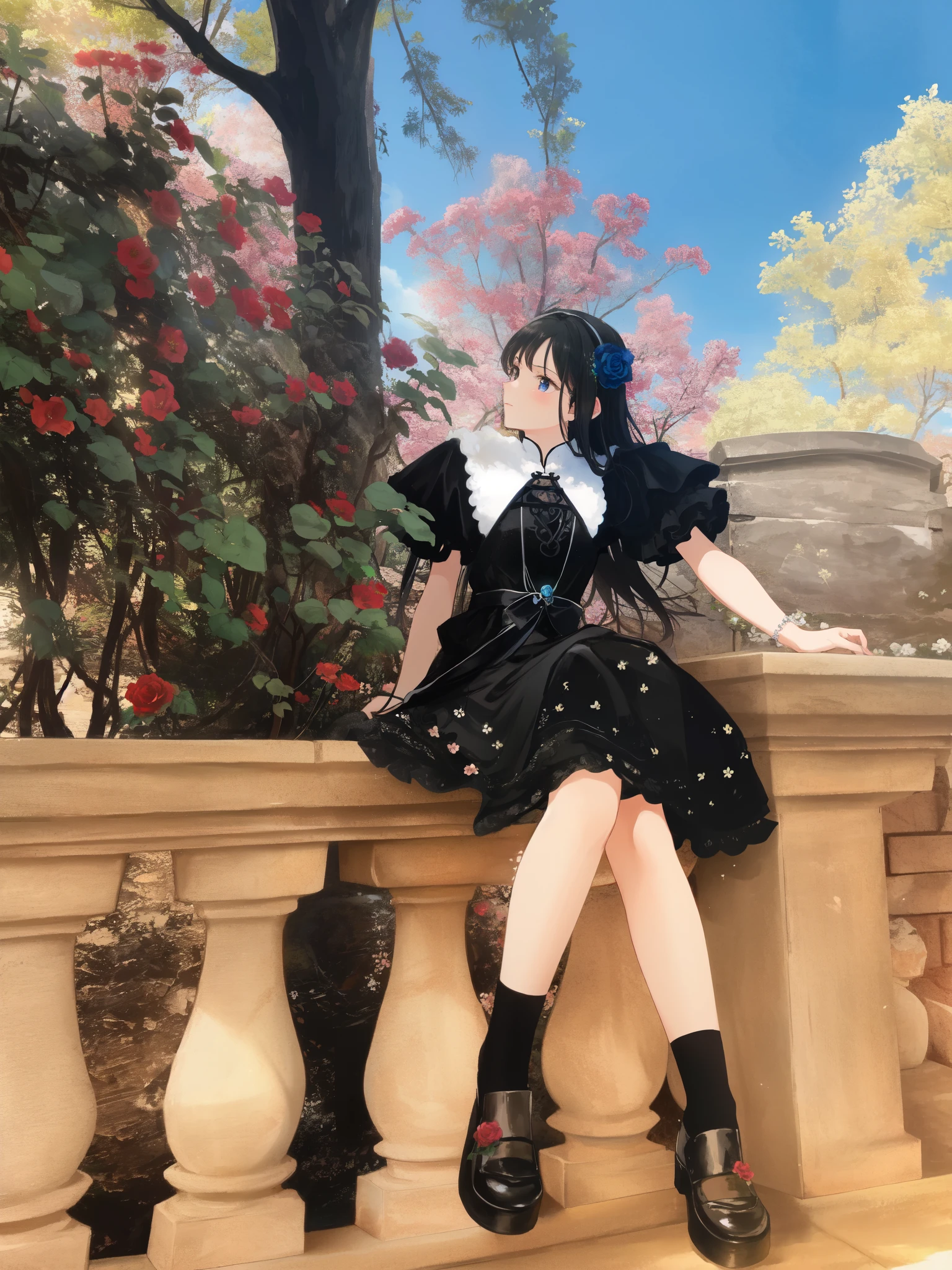 araffe sitting on a stone wall with a vase in the background, profile pic, vine dress, with flowers, album art, full body xianxia, profile image, profile picture, black gothic lolita dress, lady with glowing flowers dress, tumblr, sha xi, profile photo, xintong chen, flower dress, very very low quality picture