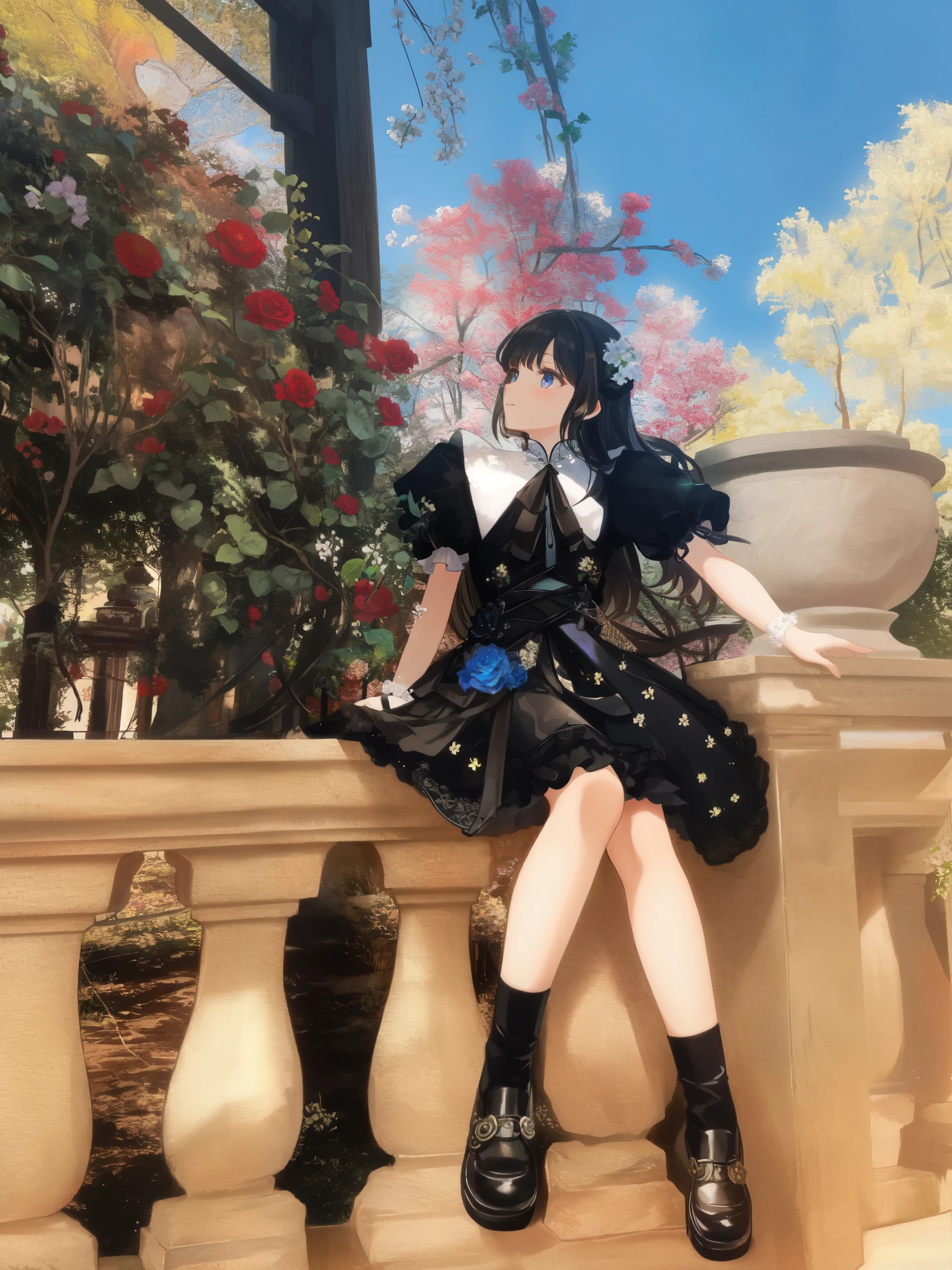 araffe sitting on a stone wall with a vase in the background, profile pic, vine dress, with flowers, album art, full body xianxia, profile image, profile picture, black gothic ta dress, lady with glowing flowers dress, tumblr, sha xi, profile photo, xintong chen, flower dress, very very low quality picture