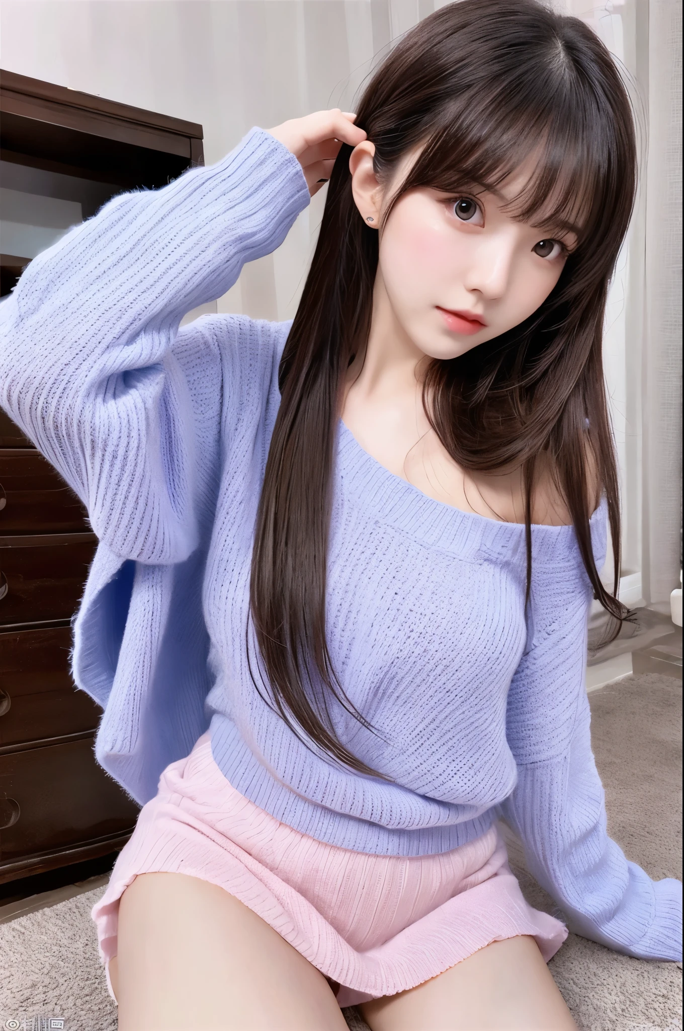 Beautiful woman with perfect figure:1.4,Layered Hair Style,sexy for,Blue see-through sweater,Highly Detailed Face and Skin Textur,二重まぶた,Whitening Skin,Pink Long Hair