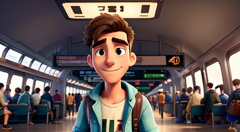 stubble tobacco young man Jack stands in a bustling airport, surrounded by a diverse crowd. The overhead sign directs travelers to the train station. Suitcases and people fill the scene, creating a sense of anticipation and excitement , solo
