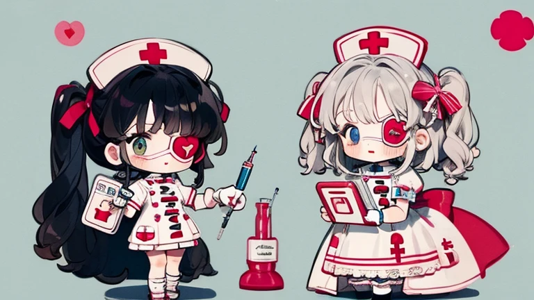 Character design，Q version，chibi，Cute，Head to body ratio，outfit design，****ta prostitute，Gorgeous dress，Mittens，Curly，Very intricate，Exquisite，shear node，frilld，band，Bandages，Nurse style，Huge syringe，tablet，Red Cross，Y2K，egirl，Unilateral eye patch，love decoration，subculture，sicko，bloods