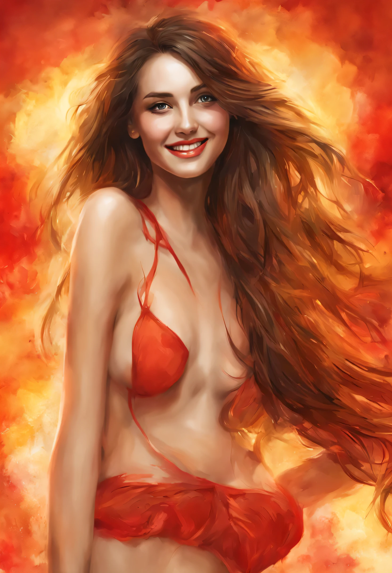 rosto da mulher nua sem lingerie, longos cabelos loiros, sorridente, The sun is red, (pintura digital, arte conceitual, liso, foco nítido, detalhes intrincados, Close-up, master part: 1.2)