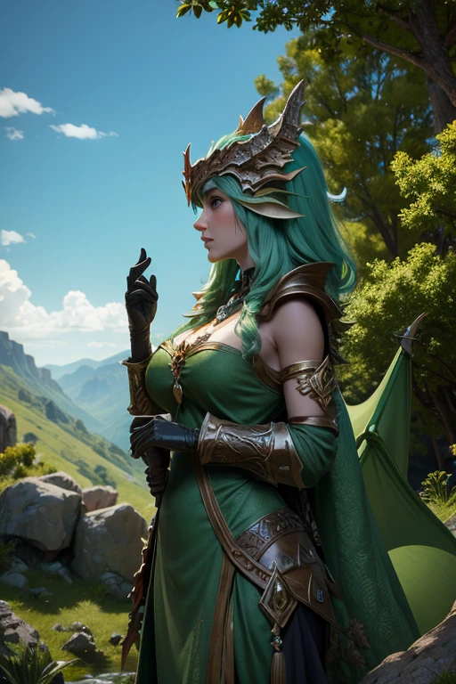 (ultra-detailed,highres,best quality:1.2), sinister Villainess Armored with alien powers and rock-based abilities, elegant Alien Princess adorned in Asymmetrical Stylized Armor in shades of Green and Brown with intricate rock-inspired design, vibrant earth tones, majestic presence, imposing aura, glowing gemstone accents, laser-sharp eyes, ethereal beauty, powerful stance, mystical energy emanating from her hands, flowing cape billowing in the wind, surreal landscape with towering rock formations, lush vegetation, mystical fog, alien artifacts, contrasting light and shadow, atmospheric lighting, otherworldly ambiance