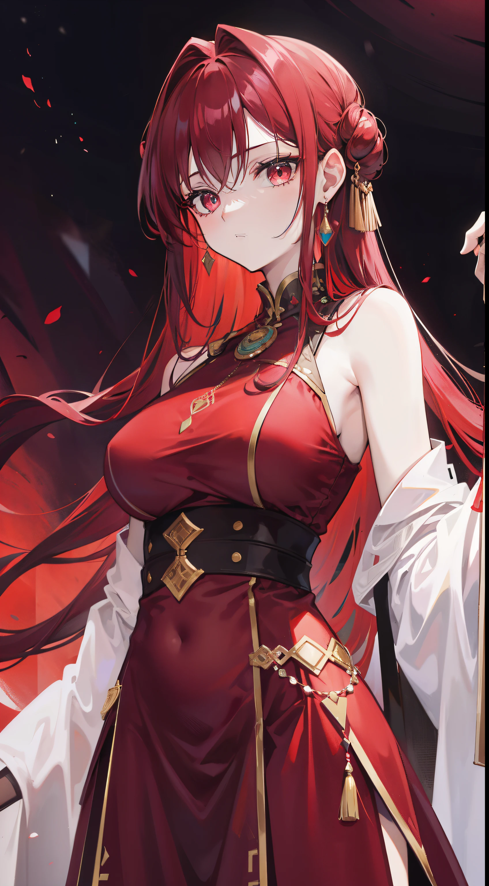 Red moon background，Relatively pale black-red hair and clothelack and reddish purple clothes，and gold jewelry，She is a very proud queen sister