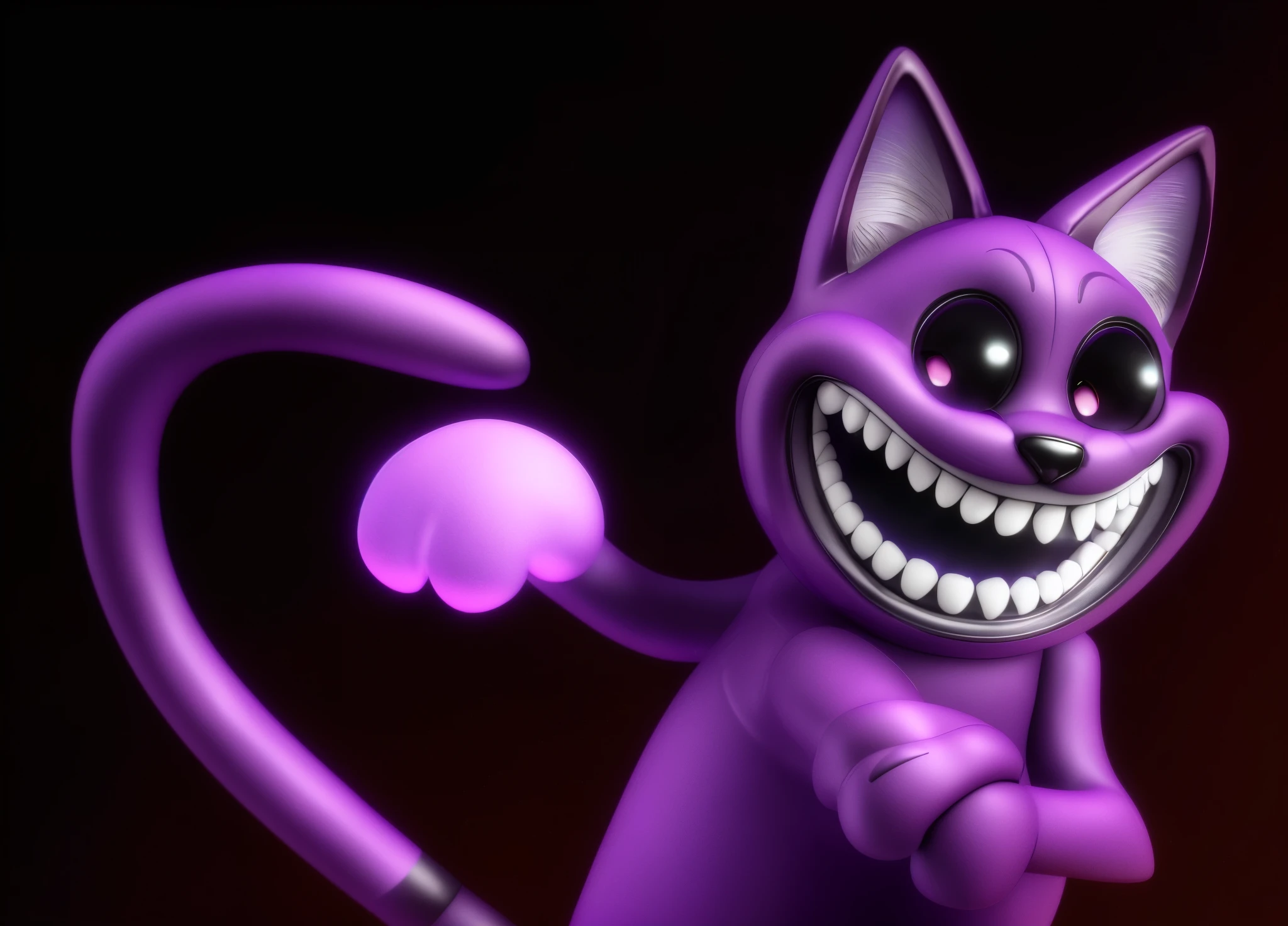 creepy purple cat with big dark eyes and a big smile on its face, purple plastic glossy cat, anthropomorphic cat,  c4d,  cheshire cat, cat. cat with creepy smile, digital painting, animation character, the cheshire cat, cute 3 d render, elokitty, rendered in blender, adorable digital painting, anthropomorphic female cat, rendered art. close-up RAW photo, detailed textures, sharp focus, ultra-high pixel detail, intricate, realistic, movie scene, cinematic, high-quality, full colors, incredibly detailed, 4k, 8k, 16k, hyper-realistic, RAW photo, masterpiece, ultra-detailed, professionally color graded, professional photography