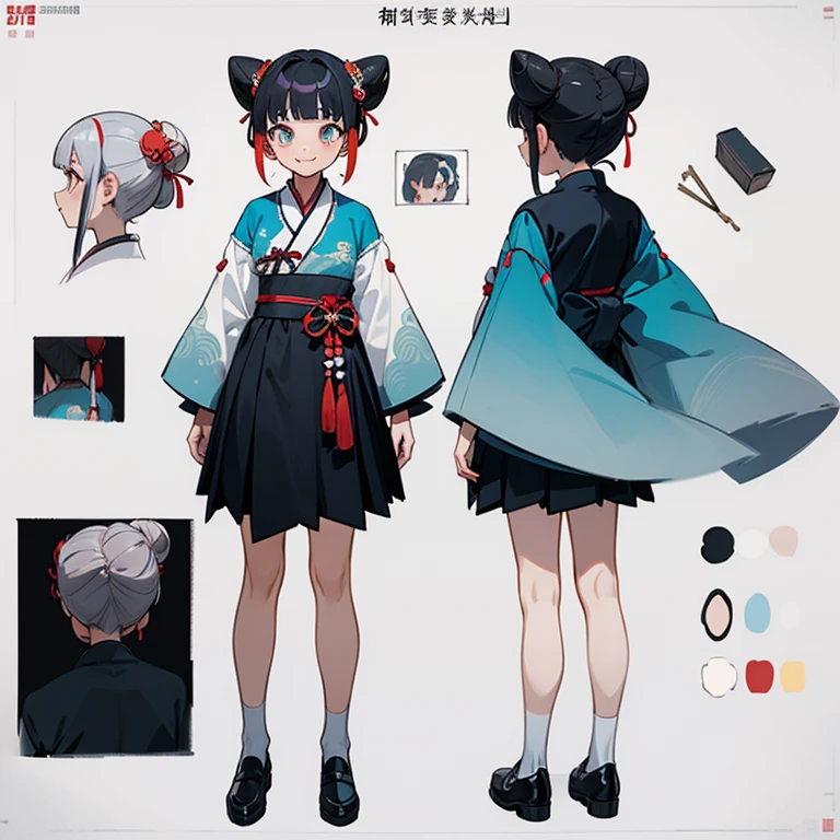 whitebackground, Hanfu, traditional Chinese clothing, Fabric shoes, A girl, multi-colored hair, multi-colored hair, Silver hair, gray hairs, black hair, hair behind ear, hair bun, Crossed bangs, Kanzashi, star-shaped pupils, gradient eyes, Smile, Color, similar to Ghibli, Anime style, mixing, character map, reference sheet, multiple views, Three-sided view, anatomically correct, ccurate, Masterpiece, UHD, super detaill, High Details, hiquality, Best Quality, hight resolution, 8K