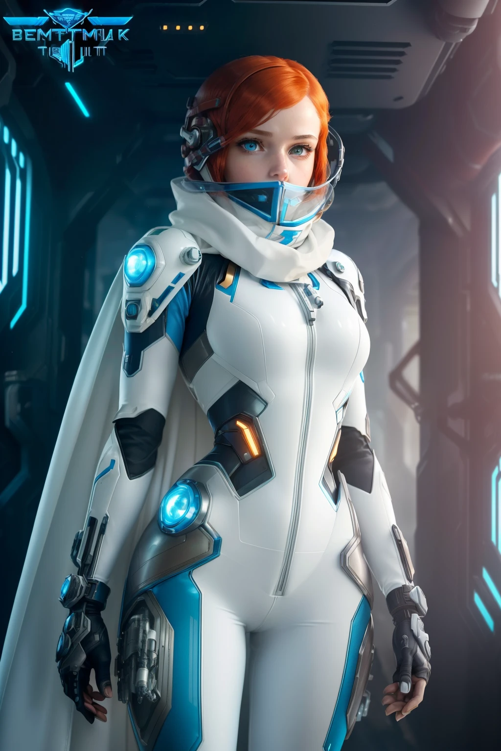(masterpiece), best quality, hyperrealistic masterpiece, superheroine girl (((mech sci-fi aesthetic style in extremely detailed tech tight plugsuit, frostpunk style))) ((with high scarf to the mouth & white cape)), cinematic illumination: 8k, (((short redhead hair))), detailed perfect skin, intricate perfect beauty face, detailed sharp eyes, detailed eyes and pupils, (((from face to the waist))), (((beauty slim shape))), 4k, UHD