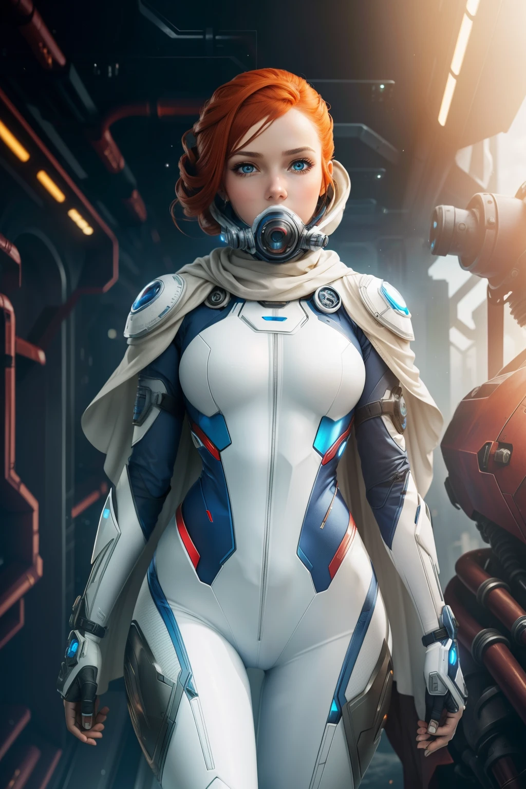 (masterpiece), best quality, hyperrealistic masterpiece, superheroine girl (((mech sci-fi aesthetic style in extremely detailed tech tight plugsuit, frostpunk style))) ((with high scarf to the mouth & white cape)), cinematic illumination: 8k, (((short redhead hair))), detailed perfect skin, intricate perfect beauty face, detailed sharp eyes, detailed eyes and pupils, (((from face to the waist))), (((beauty slim shape))), 4k, UHD