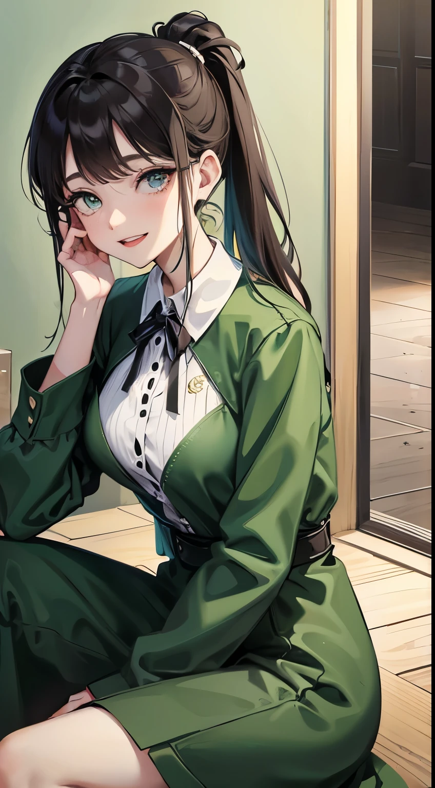 One lady、Black hair ponytail、forehead、Show your teeth and smile、发光、leader、The protagonist、Wear green clothes、ENFJ、simple background、Long green dress、Shirt dress