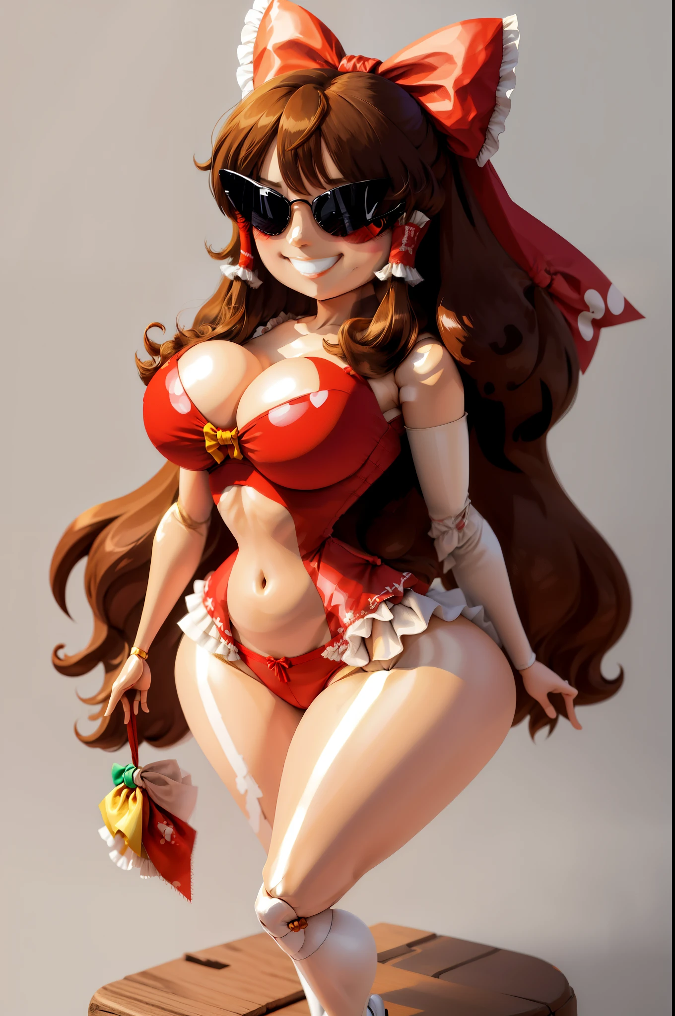 (best quality, top quality), masterpiece, best quality, sunnification, 1girl, short, curvy, thighs, plastic hair, joints, high heels, standing, white background, full body, doll, revealing clothes, big head, 1girl, solo, breasts, curvy, wide hips, narrow waist, joints, doll joints, cleavage, bursting breasts, huge breasts,1girl, hakurei_reimu_touhou, bow, hair_bow, hair_tubes, red_bow, brown_hair, long_hair, bangs, sidelocks, ascot, brown_eyes, frilled_bow, yellow_ascot, blush, smile, hair_between_eyes, light from back