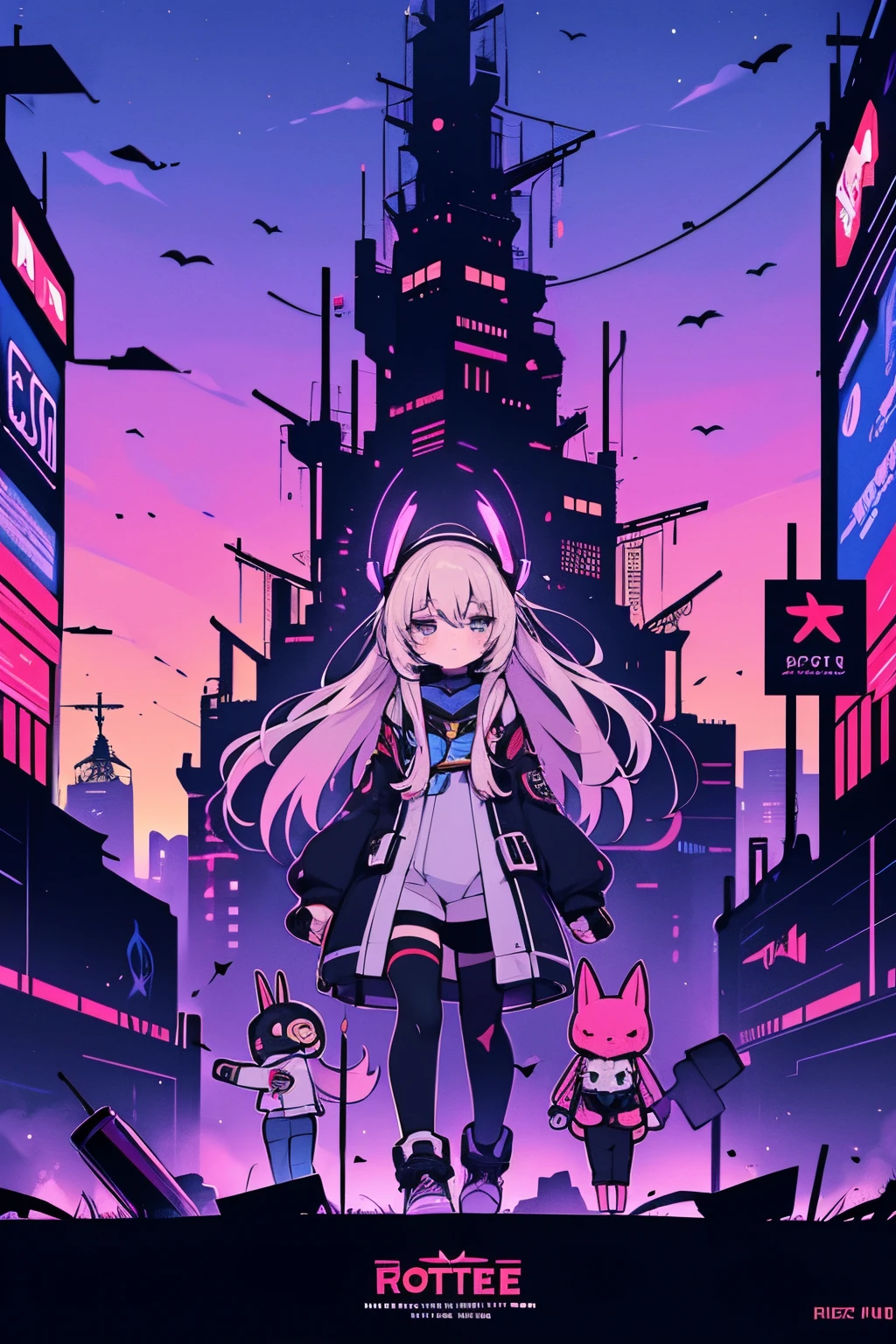 full body Esbian、Pained look、Two Men、cyberpunked、Neon Street、dark boy、((Shinkai Makotokaze、Sunset、Cinematic poster、Halation))、murky、Ruined city、Youth Movies、Downer、Dark Organizations、underground、Criminal Organizations、well-muscled、