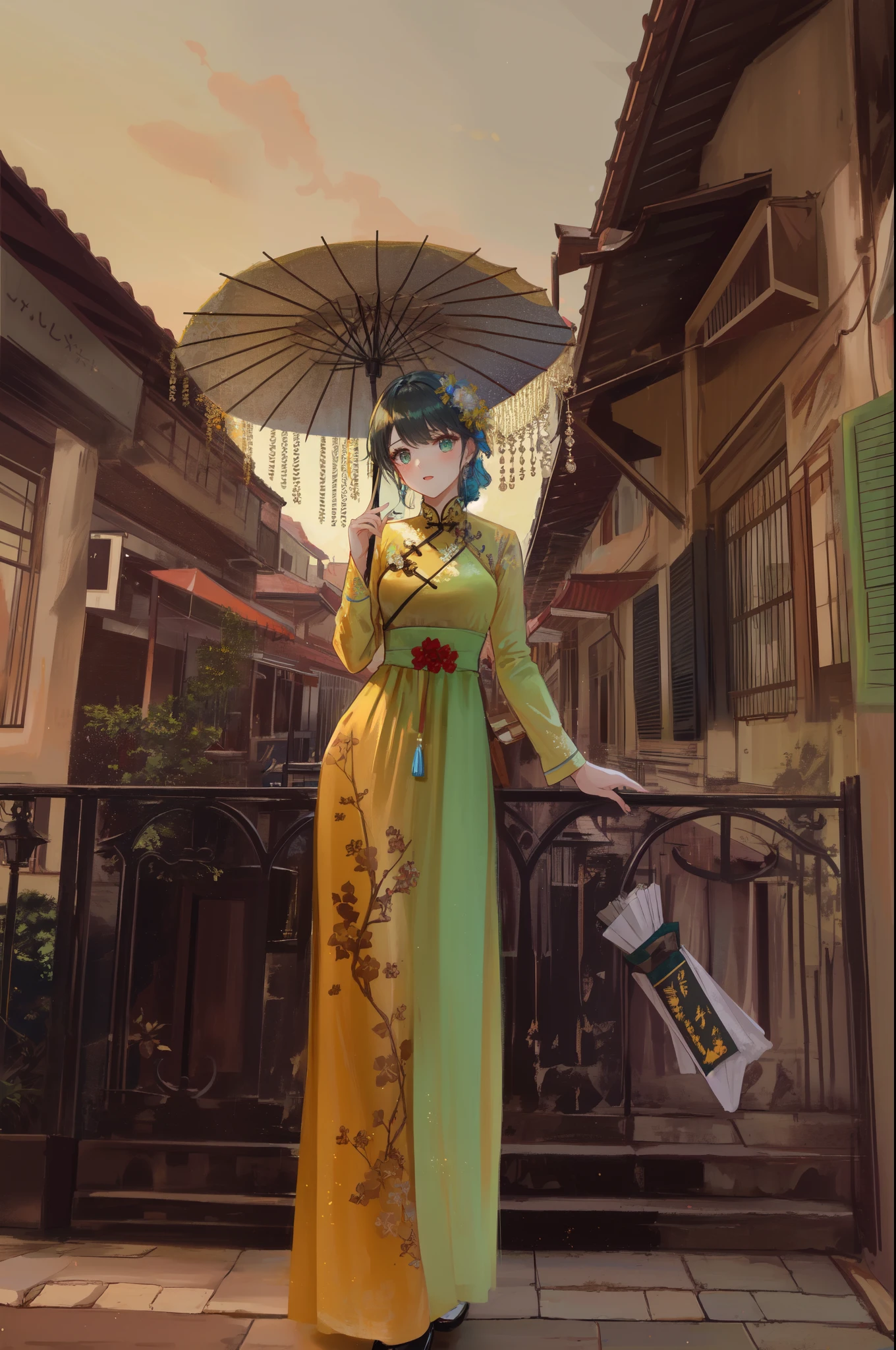 araffe woman in a yellow and green dress holding an umbrella, ao dai, miss aniela, by Galen Dara, fine art fashion photography, vietnamese woman, in style of lam manh, fashion photograhy, by derek zabrocki, standing with a parasol, high fashion photography, haute couture fashion shoot, photography alexey gurylev