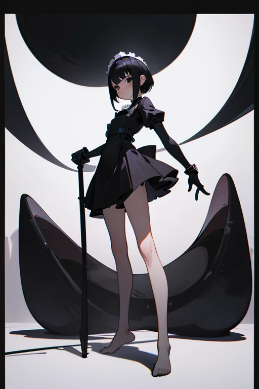 lucy loud, hair over eyes, black dress, striped_pantyhose, chibi, no_eyes, white dress with black details, manguitos blancos femeninos