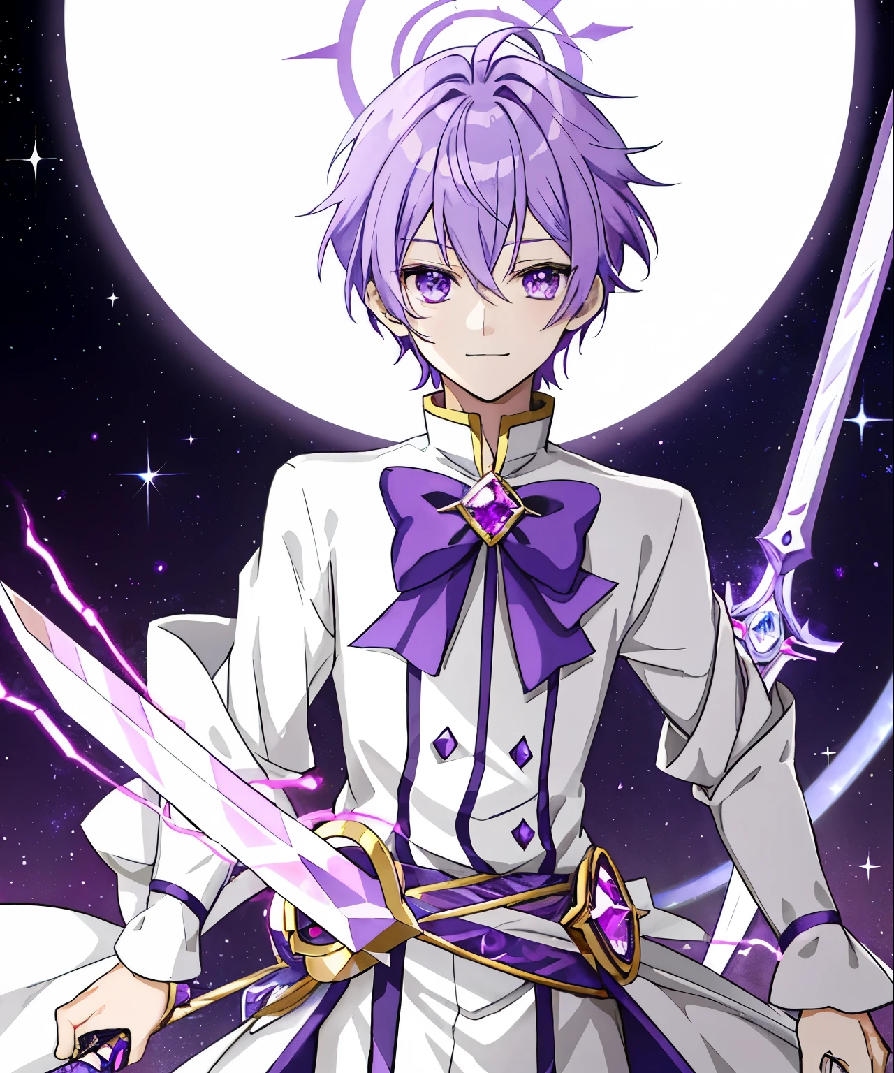 Anime boy with purple hair and white and purple dress holding a sword, sparkling Magical Boy, Purple boots, magic aura, portrait of Magical Boy, celestial aura, inspired, 彼の周りのmagical aura, style of Magical Boy, Boy with Purple Eyes, magical aura, he has light purple hair, boy with very short purple hair, Inspired, Magical Boy, Cute:2, Prince of Amethyst, Cool system:3, Wallpaper!, Happy!!!,
