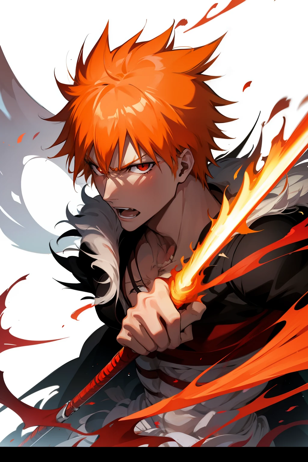 Ichigo Kurosaki, close up, orange color hair, luminous red eyes, rage face, shout, blur backgroun, tmasterpiece, 8K, k hd, With his sword