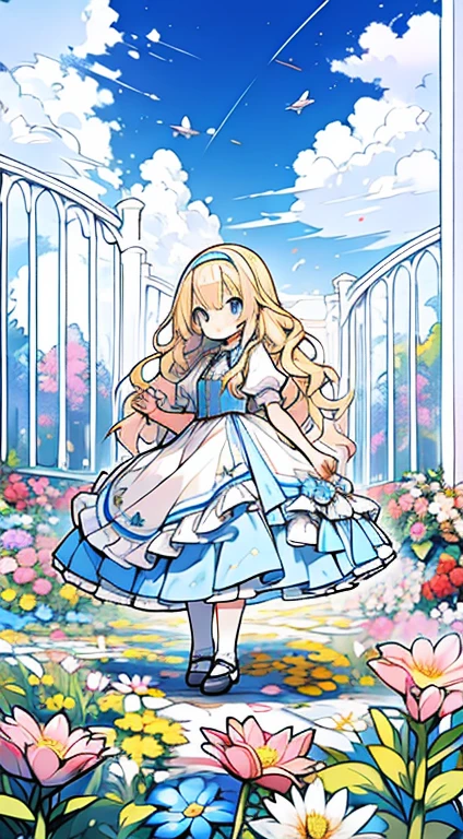 Alice in Wonderland、yellow hair strokes、light blue eyes、Cute little、Wavy Hair、Alice in Wonderland costume、Flower Garden