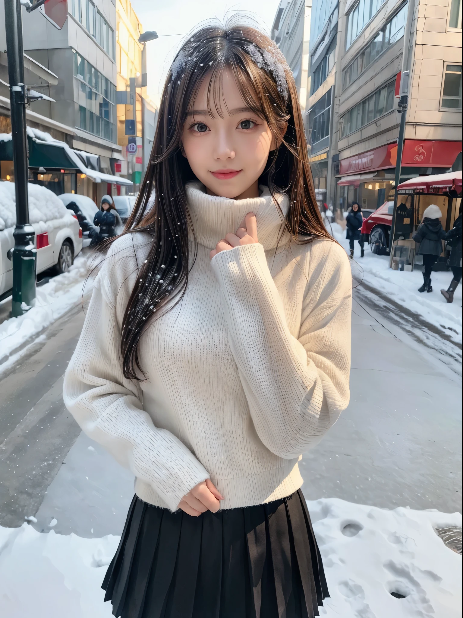 (8k,masterpiece, RAW photo,best quality:1.4),(photo realistic:1.2),(extremely detailed face),(shiny skin),(detailed skin),(detailed face),(extremely beautiful face),1girl,looking at viewer,Japanese idle(actress), brown hair,medium hair,straight hair,asymmetrical bangs,smile,glamor,large breasts, (white Fleece jacket, black turtleneck sweater, black Pleated skirt:1.2), christmas market, (Snow is on the ground:1.3),high position,professional lighting