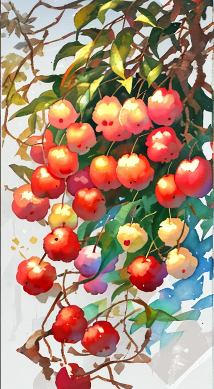 whitebackground,Lychee, watercolor paiting, full color digital illustration ,fruits、Lychee