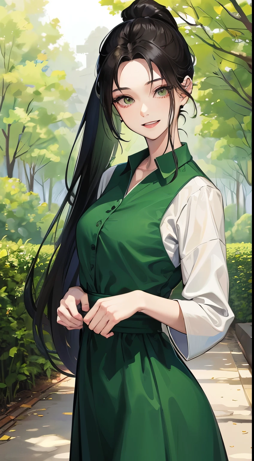 One lady、Black hair ponytail、forehead、Show your teeth and smile、发光、leader、The protagonist、Wear green clothes、ENFJ、simple background、Long green dress、Shirt dress、in woods